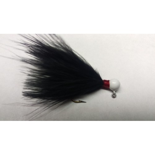 White Head, Red Thread, All Black Marabou Hand Tied Jig