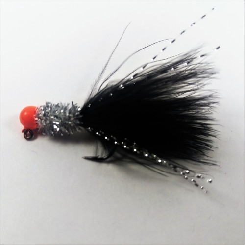 Orange Head, Black Marabou, Silver Collar Hand Tied Jig