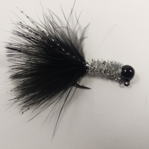 Black Head, Black Marabou, Silver Collar Hand Tied Jig