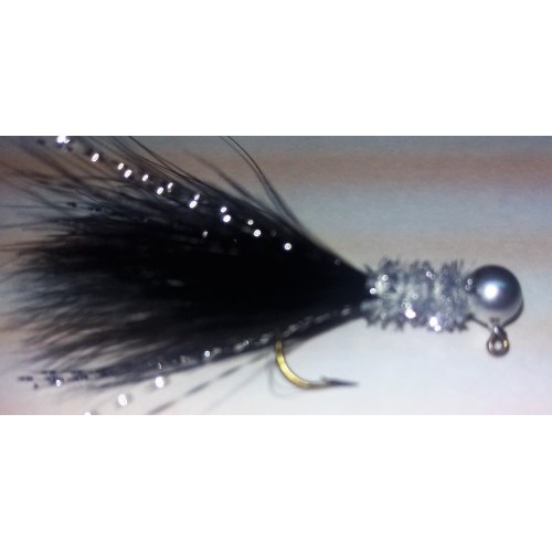 Silver Head, Silver Collar, Black Marabou Feathers Hand Tied Jig